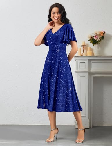Image of Bridesmay Women's Formal Wedding Guest Dress for Women 2026 Short Sleeve Fit and Flare Tea Party Dresses