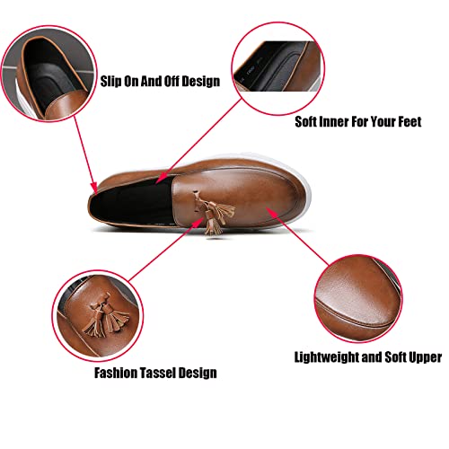 Men's Polished Leather Slip-On Casual Loafers with Tassel Fashion Round Toe Comfort Non-Slip Thick Sole Business Dress Flat Penny Loafer for Work Driving2