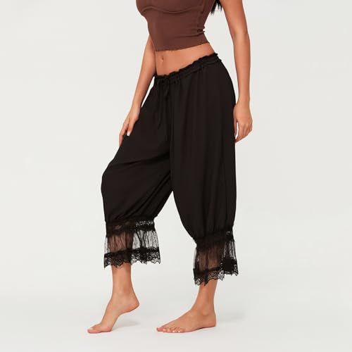 Image of KOSUSANILL Women Long Bloomer Pants Lace Trim Ruffle Pantaloons Cropped Lounge Pajama Bottoms Y2K Capri Pettipants