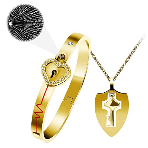 Uloveido Shield Key Pendant Necklace and Lock Bracelet for Girls Boys Couple Necklace Bracelet Set for Men and Women Anniversary Birthday Gift, You Hold the Key to My Heart Y473/Y474