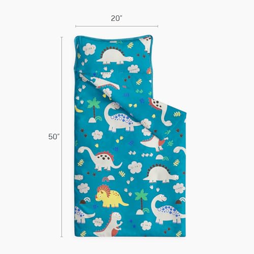 Image of Wake In Cloud - Toddler Nap Mat with Pillow and Blanket, 100% Cotton Fabric, for Kids Boys Ages 3 Plus in Daycare Kindergarten Preschool, Roll Up Sleeping Bag, Cute Dinosaurs