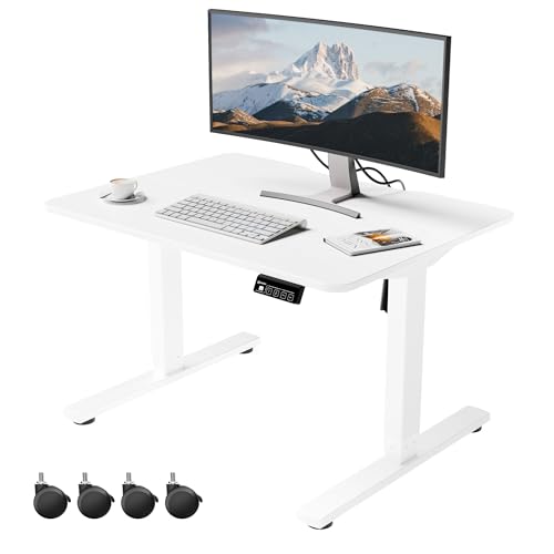 ERGOMAKER Bureau Assis Debout Faible 80 x 60 cm,Bureau électrique réglable en Hauteur 48 à 75 cm - avec Crochets à roulettes Blanc