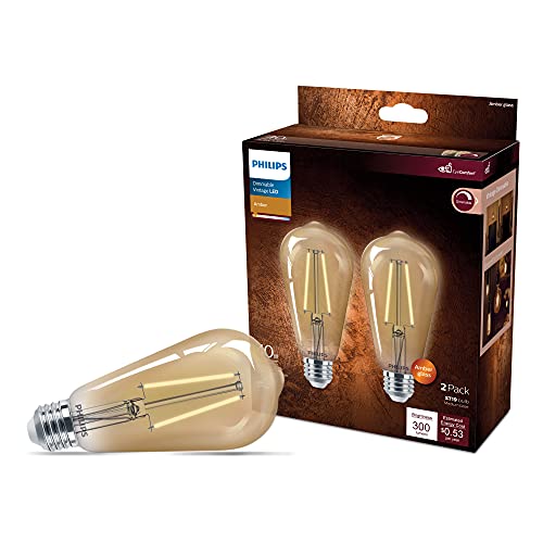 Philips LED Vintage Flicker-Free Amber Straight ST19, Dimmable, Eyecomfort Technology, 700 Lumen, Amber Light(2000K), 8.8W=75W, Title 20 Certified, E26 Base, 2-Pack, (565969)