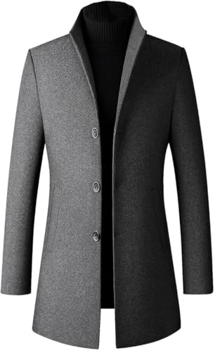 Men's Wool Blend Trench Coat Stand Collar Single Breasted Business Casual Jacket Fall Slim Fit Quilted Overcoats