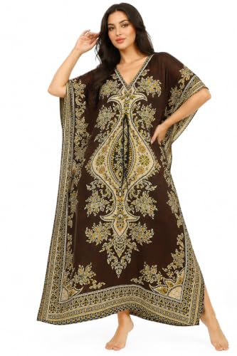 Image of SHYAMVUN Kaftan for Women | Kaftan Dresses Full Length Maxi Dress Free Size | Kimono Style Caftan Tunic for Beach, Holiday, Party, Nightwear & Loungewear | Lightweight Relaxed Fit (Brown)
