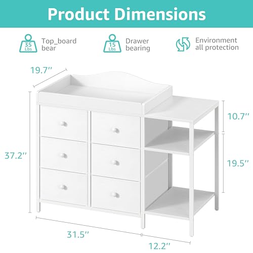 Image of BOLUO Baby Dresser with Changing Table Top, White Changing Table Dresser with 6 Fabric Drawers Diaper Changing Station with Storage Shelf for Nursery Modern