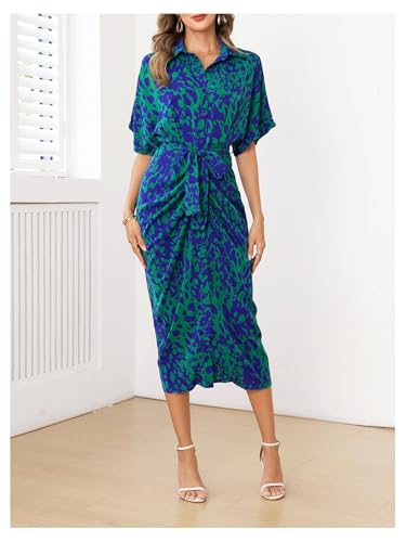 Image of MakeMeChic Women's High Waist Belted Shirt Dress High Split Printed Collar Neck Short Sleeve Midi Dress