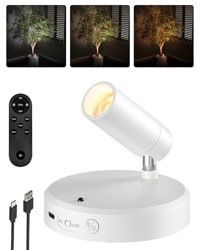 EZVALO Kabelloser LED Spotlight Weiß Aufladbarer Wandspot mit 5500mAh Akku 3 Farben Dimmbar 350 Drehbare Wandleuchte Innen mit Fernbedienung & Timer für Bilder Pflanzen und Deko [1er Set]