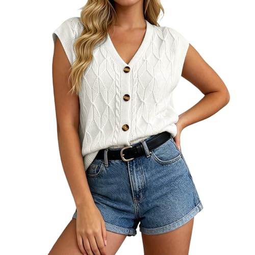 Chaleco de punto con cuello de botones para mujer casual beige L