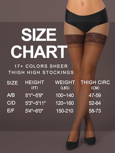 Image of HONENNA 2 Pairs Sheer Thigh High Stockings, 17+ Colors Stay Up Lace Top with Anti-Slip Silicone for Women