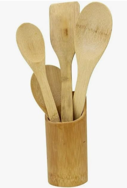 Kit de Utensílios de Cozinha em Bambu e Suporte Natural Ecológico Resistente ao Calor