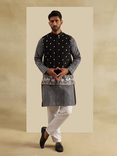 Image of SOJANYA Men's Silk Blend Black Kurta and White Pyjama With Daman Embroidered Black Nehru Jacket