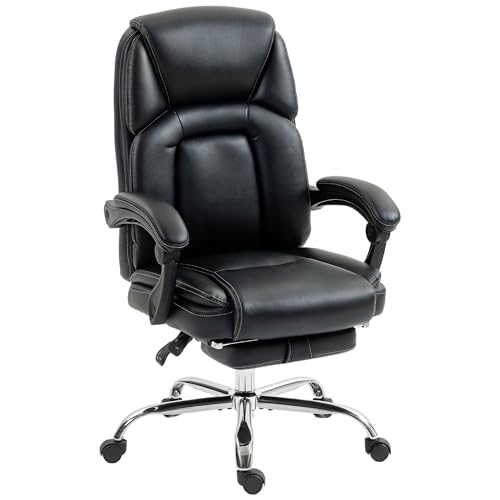 HOMCOM Sedia Ufficio Reclinabile con Imbottitura Spessa, Poggiapiedi, Sedia Scrivania Girevole in Pelle PU con Schienale Alto, Braccioli Imbottiti, Altezza Regolabile, Ruote, Portata 120kg, Nero