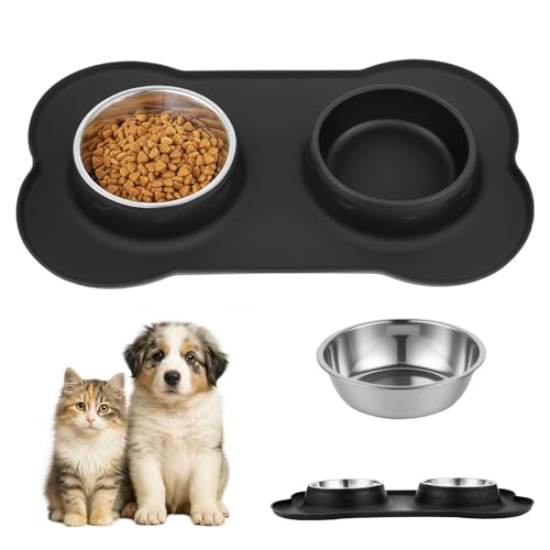 Futternapf Hunde Katzen, Fressnapf Hundenapf Kleine Hunde Napfset, Edelstahl Katzenapf Wassernapf Hund mit Nicht Kleckern, mit 1 Hundenapf Unterlage Rutschfest Silikon Tablett Matte( S 36 x 21 cm)