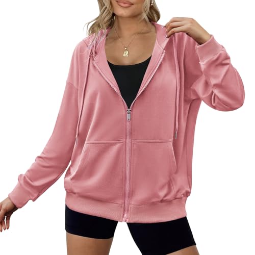 Zeagoo Ladies Jackets Lightweight Zip Up Hoodie Hoodies Sweatshirts With Pockets Thin Long Sleeve Sweatshirts Pink M