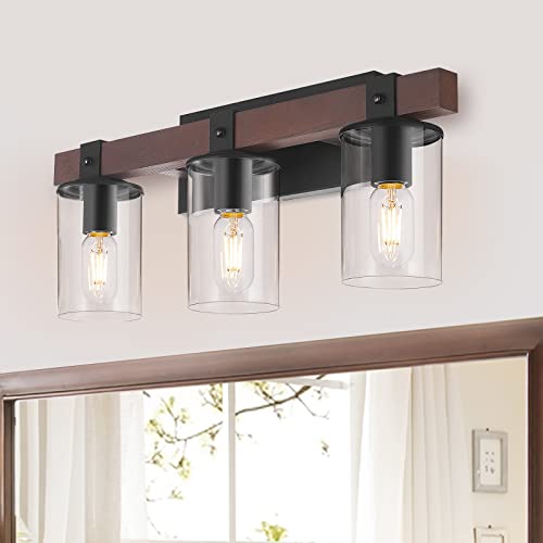 Rustic Vanity Light,3-Light Industrial Wood Finish Farmhouse Bathroom Lighting,Clear Glass and Black Metal Base Wall Sconce Lighting Fixtures. Rustic Vanity Light,3-Light Industrial Wood Finish Farmhouse Bathroom Lighting,Clear Glass and Black Metal Base Wall Sconce Lighting Fixtures.
