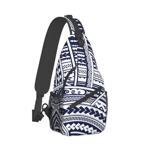WURTON Blue Polynesian Maori Tribal Pattern Print Crossbody Backpack Shoulder Bag Cross Chest Bag For Travel, Hiking Gym Tactical Use