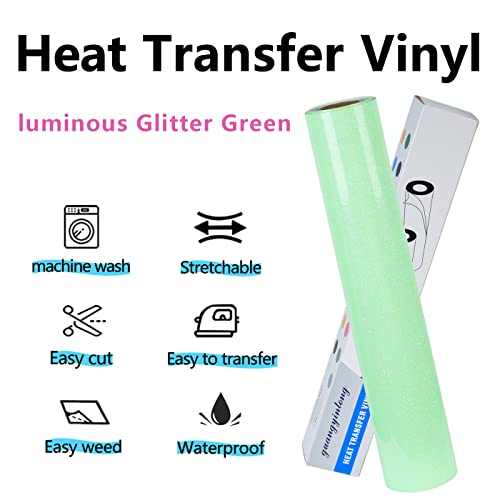 Image of guangyintong Glow Glitter Light Green Heat Transfer Vinyl HTV Rolls, 12 inch x 8ft Iron on Vinyl for T-Shirts, Glitter HTV Vinyl for All Cutter Machines Easy to Cut & Weed for DIY Design