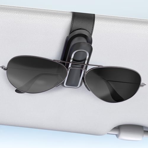 Image of Veharvim Sunglass Holder for Car (2 Pack, One-Handed Operation, Gentle & Secure Hold, Silicone Padded, Universal Fits Sunglass and Car Visor) - Sunglasses Clip for Car Visor (Black & Silver, 1 Pack)