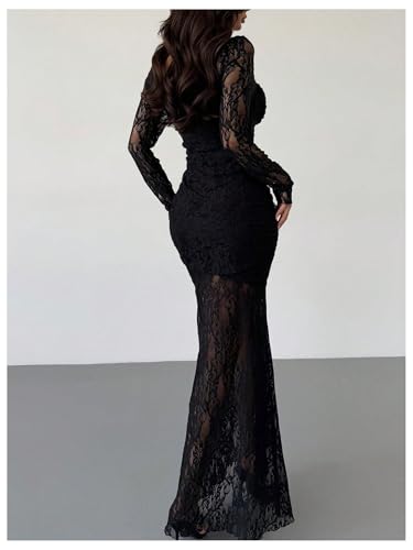 GORGLITTER Women's Lace Flower Bodycon Maxi Dresses Elegant Classy Long Sleeve See Through Cocktail Birthday Goth Dress2