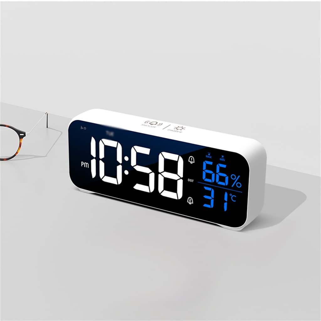Reloj despertador con música LED, control de temperatura, humedad, control de voz, reloj de mesa, doble alarma, de pared, recargable, digital (gris)