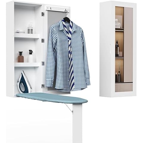 Organizedlife Wall Mounted Ironing Board Cabinet with Iron Storage, Built in Ironing Center, Hanging Ironing Board for Laundry, Folding Leg & Mirror Cover