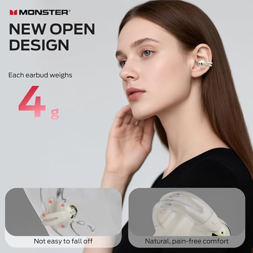 Image of Monster Open Ear AC221 Headphones, Bluetooth 6.0 Wireless Earbuds Stereo Sound, Clip on Earbuds With 30H Playback, Clear Calls, Type-C Charging, Touch Control, IPX6 Waterproof Wireless Open Headphones