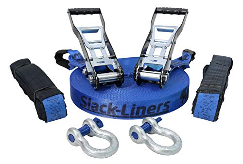 Slack-Liners - Juego completo de accesorios para slackline (7 piezas, 50 mm de ancho, 40 m de longitud, con trinquete de gran resistencia, fabricado en Alemania), color azul