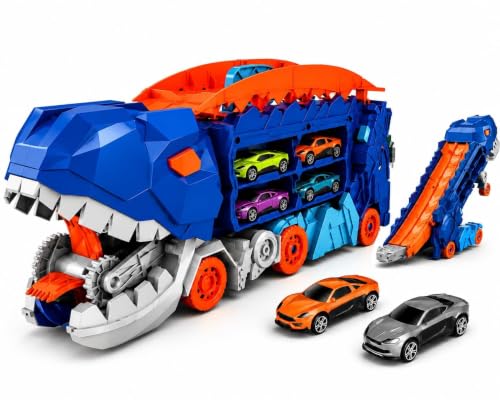 Image of Brand Conquer Dinosaur Transport Truck Toy with 6 Alloy Pull Back Cars, 2-in-1 Dinosaur Car Carrier Truck, Racing Track Launcher,Portable Storage Case, Gift Toy for Boys Girls Age 3+ Years(Dino Truck)