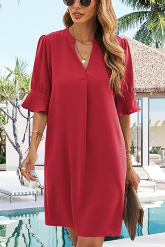 Image of QACOHU Womens Summer Casual V Neck Shift Mini Dress | Flowy Swing Basic Loose Dresses, Ruffle Short Sleeve, Straight, Floral Boho Style, Wedding Guest Beach Vacation Outfits