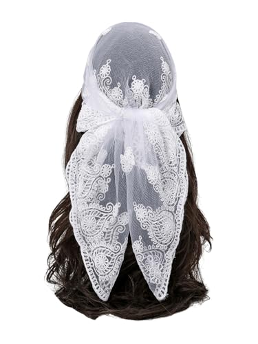 Floerns Womens Flower Embroidery Hair Scarf Headband Sheer Lace Hair Bandana White One-Size