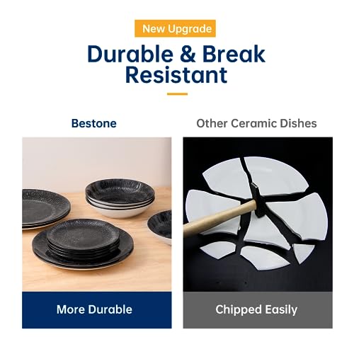 Image of Bestone 12-Piece Round Porcelain Dinnerware Set, Service for 4, Chip Resistant Plates and Bowls,Black, Dishwasher & Microwave Safe for Home Daily Use