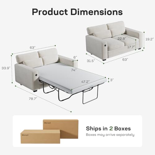 Marsail Pull Out Sofa Bed, Full Size Sleeper Sofa with Memory Foam Mattress, 2 USB Charging and Removable Covers, Loveseat for Living Room, Apartment, Supports 600 LBS, Chenille Fabric, White - Image 4