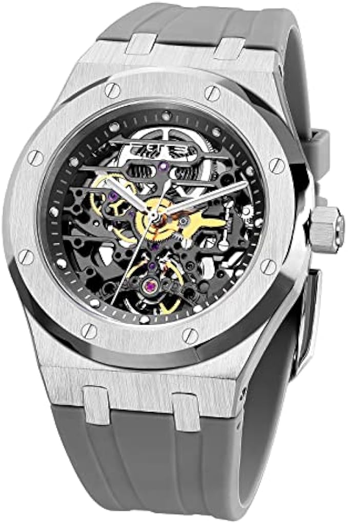 FEICE Men Watches 42MM Steel Automatic Watch Mechanical Skeleton 5ATM Waterproof Casual Watch for Men Luxury Business Wristwatch Silicone Band FF019Gray