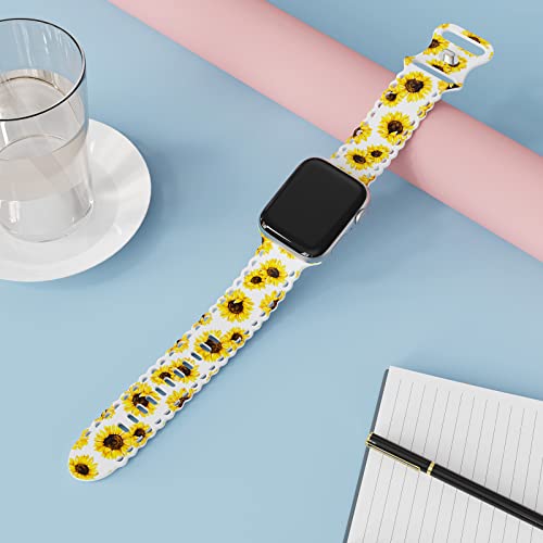 Image of Compatible with Apple Watch Band 41mm 40mm 38mm 49mm 45mm 44mm 42mm Women Girl, Sunflower Print Lace Hollow-out Soft Silicone Sport Bands For iWatch Ultra SE Series 9 8 7 6 5 4 3 2, SunflW-42