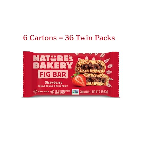 Image of Nature's Bakery Whole Wheat Fig Bars, Strawberry, Real Fruit, Vegan, Non-GMO, Snack bar, 6 boxes with 6 twin packs (36 twin packs)