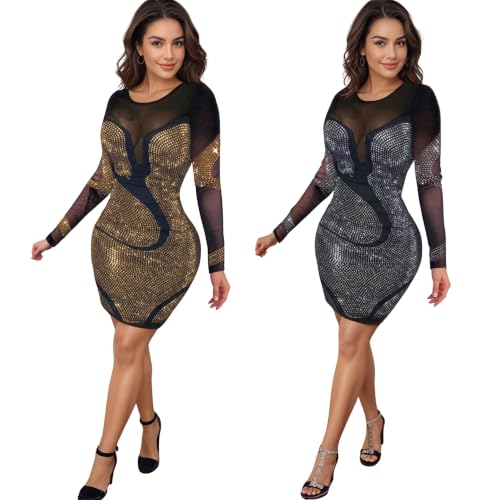 Image of PORRCEY Women's Sexy Elegant Rhinestone Mesh Party Club Night Mini Dress
