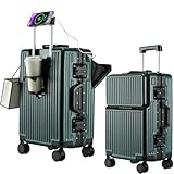 [lanbao] アルミフレームスーツケース 多機能フロントオープン キャリーケース ストッパー付き 機内持ち込み キャリーバッグ 携帯スタンド USBポート付き カップホルダー付き 隠しフック機能 超軽量 耐衝撃 静音 360度回転 ダブルキャスター アルミフレーム ピュアPC材質 大容量 TSAロック搭載 (グリーン, Sサイズ /42L /機内持込 （1-3泊）)
