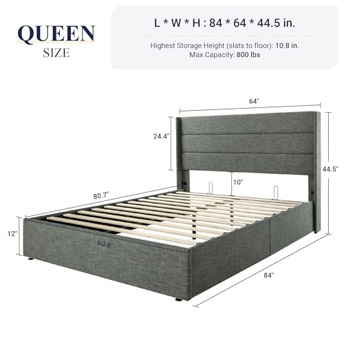 Allewie Queen Size Lift Up Storage Bed, Modern Wingback Headboard, Hydraulic Support, No Box Spring Needed, Dark Grey