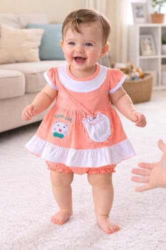 Image of Baby Girls Frock Dress with Bloomer Set | Short Sleeve Polka Dot Inner Layer & Bow Detail Special for 0-6 Months