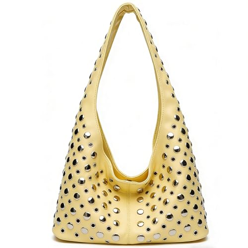 Women Punk Handbag Y2k Shoulder Purse Studded Handbags Soft PU Leather Tote Bag Top Handle Trend Purse Slouchy Streetwear (Yellow)