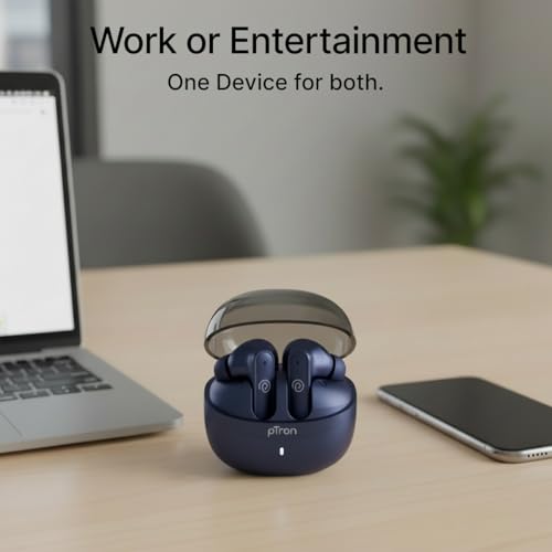 Image of pTron Bassbuds Indie in-Ear TWS Earbuds w / 10mm Drivers, 45Hrs Playtime, Dual HD Mic & AI-ENC Calls, Custom EQ, Mobile App, Bluetooth V5.4 Earphones, Voice Assistant, Type C Charging & IPX5 (Blue)