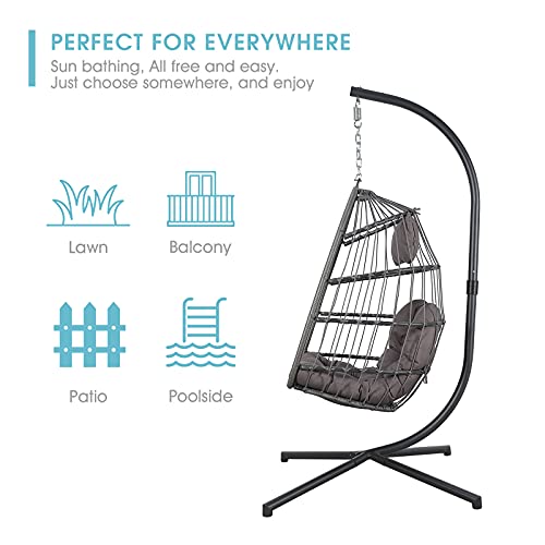 Patiorama PA-44 Indoor Outdoor Egg Swing Chair With Stand, Patio Grey Wicker Rattan Hanging Chair With Rope Back, Cushion,Cover,All Weather Foldable Hammock Chair thumb #6