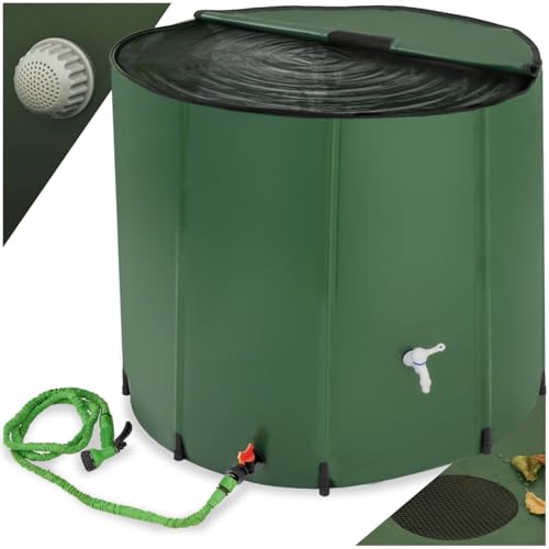 tectake® Collapsible Water Container with Overflow Protection - Weather-Resistant & Rust-Free Water Butt with Protective Grate, Tap & Floor-Safe Plastic Feet, Stable Structure & Quick Setup - 750L