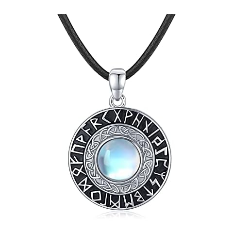 ECHOOY Viking Necklace Celtic Knot Pendant Viking Rune Chain Moonstone Necklace Nordic Rune Necklace Amulet Protection Viking Jewellery Gift for Women Girls, Sterling Silver Cover