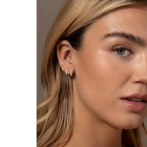 Small Gold Hoops Earrings for Women Trendy Gold Earring Set, 14K Gold Plated Hypoallergenic Huggie Earrings Lightweight Stud Earrings for Women, Twisted CZ Cartilage Earings 4 Pairs3