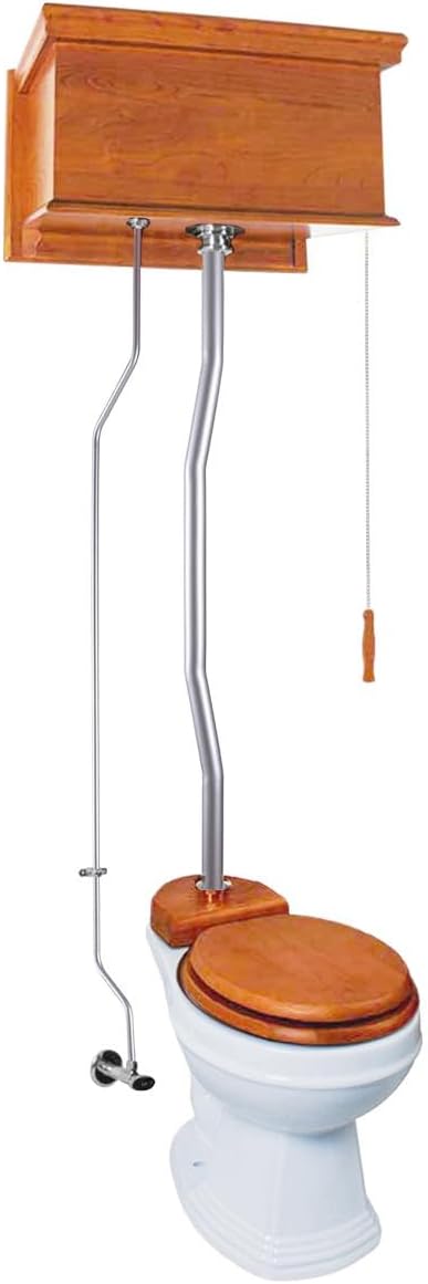 Light Mahogany Finish High Tank Pull Chain Toilet Wooden Flat Tank Round Top Entry White Porcelain Bowl And Satin Z Pipes Adjustable Height 59"- 74" With Hardware Renovators Supply Manufacturing