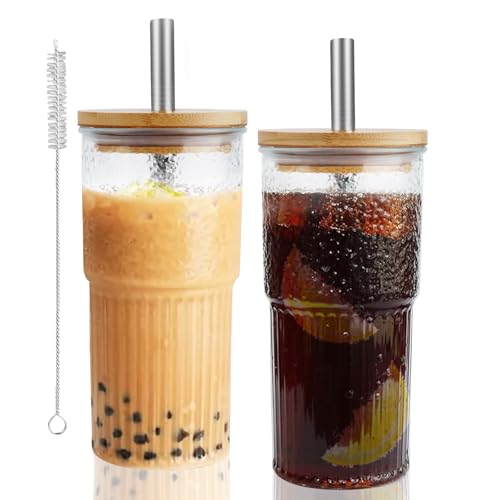 VMUTGA 2 Verres de 600 ml Avec Couvercles en Bois, Mug en Verre Rayé Transparent, Tasses à Café Réutilisables, Verres Avec Pailles pour Jus, thé Noir, Lait,...