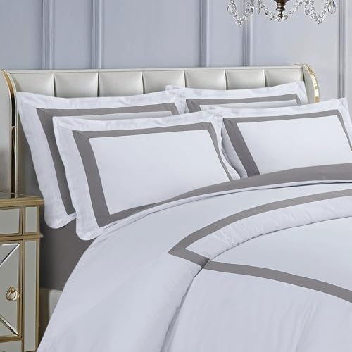 Majestic Giftware Madison Linen 8-Piece Twin Size Bedding Set (BL2-T-8) | Province Hotel Collection-White-Taupe Tape 400 TC Cotton Sateen | 2 Fitted Sheets, 2 Duvets, 4 Pillowcases