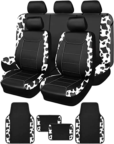 Flying Banner car seat Covers Protects Water Proof Faux Leather Carbon Fiber Fronts Rear Bench Covers (Cow Black Full Set - Combo Pack)